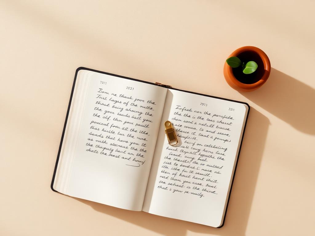 An open journal with handwritten notes, a brass paperclip, and a small terracotta pot.