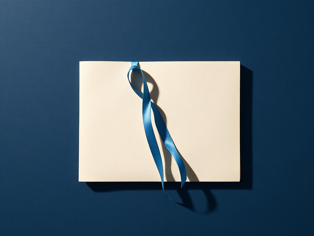 A folded paper folder tied with a calm blue ribbon on a deep navy background.