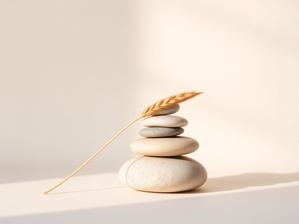 A neat stack of smooth river stones with a single dried wheat stem leaning against them.